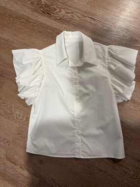SHEIN White Ruffle Sleeve Button-Up Blouse